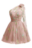 One Shoulder Homecoming Dresses for Teens Flower Embroidery Tulle Short Prom Dress A-Line Formal Party Ball Gowns