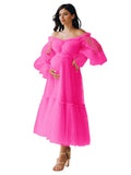 Eightale Tulle Tea Length Maternity Dresses for Photo Shoot Long Sleeve Pregnancy Gown for Baby Shower