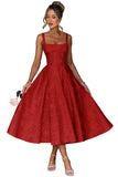 Floral Satin Jacquard Prom Dresses 2026 A-Line Tea Length Midi Square Neck Evening Party Gown with Pockets for Women