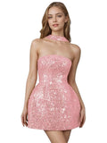 Strapless Sequin Homecoming Dresses for Teens Short Prom Dress Sparkly A-Line Cocktail Party Gowns with Pockets