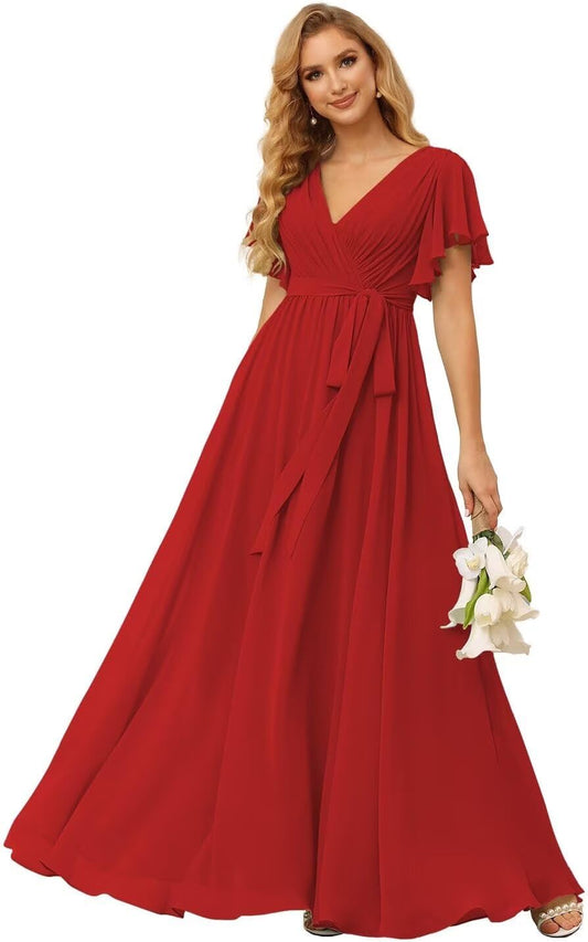 Women's Flutter Sleeve Bridesmaid Dresses Long with Pockets V Neck Chiffon Formal Dresses