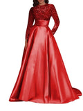 Kingbridal Gowns Long Sleeve Sequin Prom Dresses for Women Satin A-line Formal Dress 2026 Sparkly Evening Party Gowns with Pockets