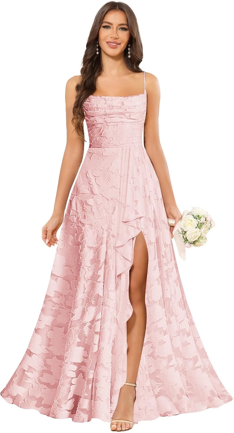 Women’s Ruffled Bridesmaid Dresses Scoop Neck Floral Chiffon Formal Dress Wrap Pleated Wedding Guest Dress