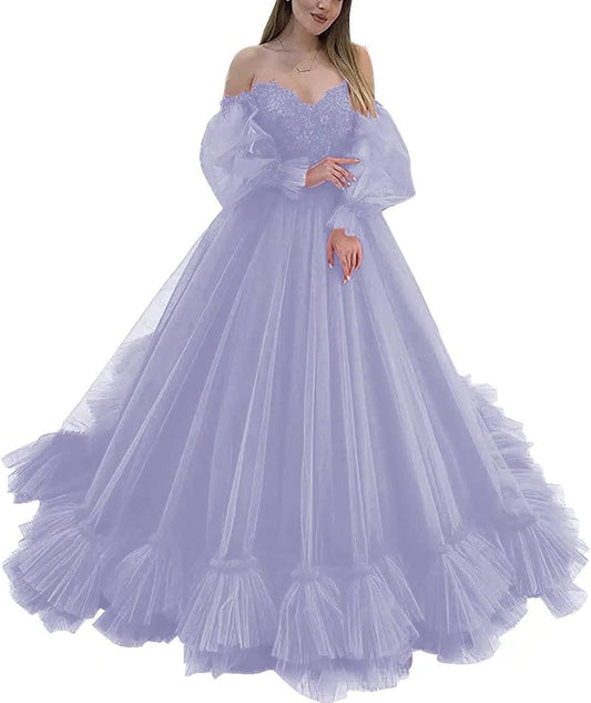 Schulterfrei Spitzenapplikationen Ballkleid Quinceanera Kleider Langarm Brautkleid Brautkleider