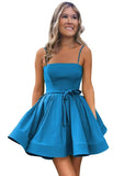Women’s Short Satin Spaghetti Straps Formal Homecoming Dresses A Line Corset Puffy Prom Gown with Pockets for Teens