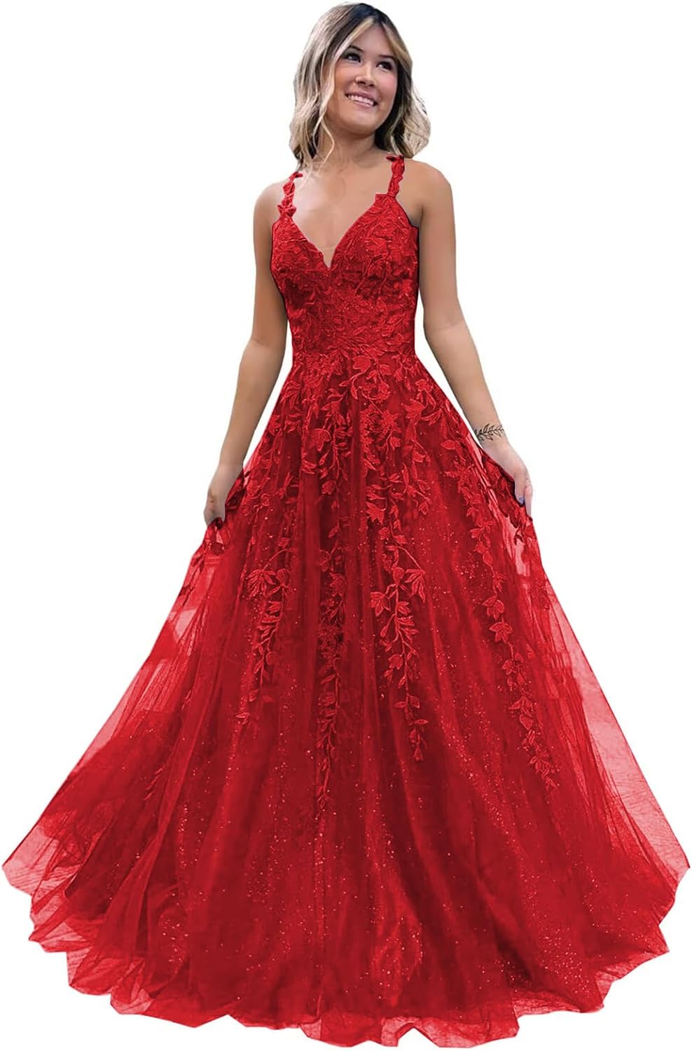 Women's Sparkly Tulle Lace Applique Prom Dresses 2025 Long Spaghetti Straps Formal Evening Gowns