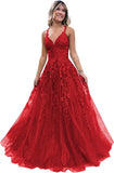 Women's Sparkly Tulle Lace Applique Prom Dresses 2025 Long Spaghetti Straps Formal Evening Gowns