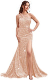 Kingbridal Gowns One Shoulder Sequin Prom Dresses with Slit 2026 Mermaid Formal Dress for Women Sparkly Ruched Evening Party Gowns