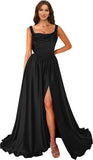 Cowl Neck Satin Prom Dresses Corset Ball Gown Long Puffy A-Line Formal Evening Gown with Slit