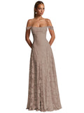 Off The Shoulder Bridesmaid Dresses Long for Women Formal Evening Gown Lace Wedding Guest Dress
