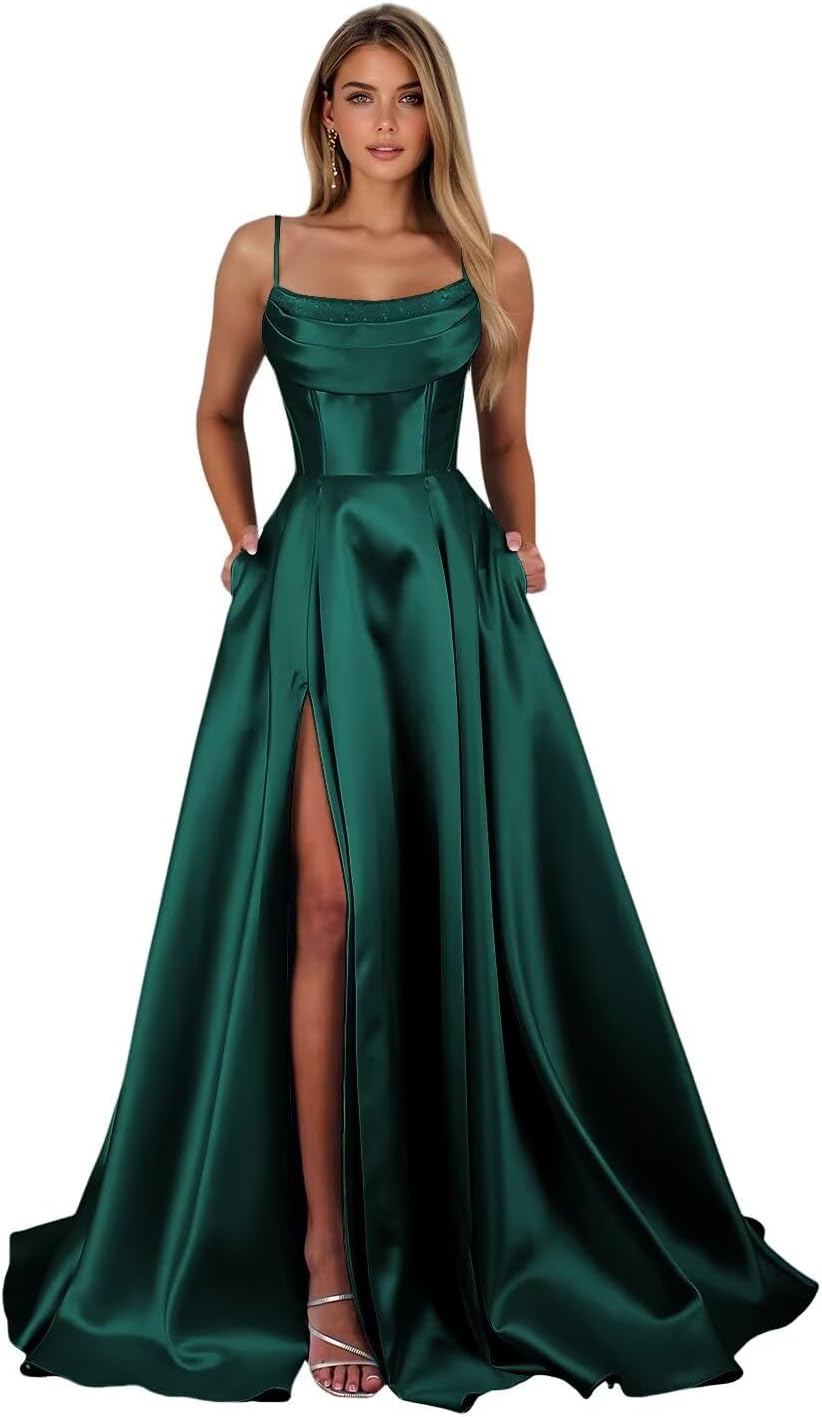 Satin Prom Dresses for Teens Long A-Line Cowl Neck Formal Evening Gown with Slit 2026 Maxi Ball Gowns