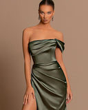 One Shoulder Mermaid Bridesmaid Dresses with Slit 2025 Pleats Satin Formal Evening Gowns for Women