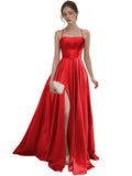 Women's Satin Prom Dresses with Slit Strapless A Line Corset Ball Gowns Spaghetti Straps Formal Evening Gowns with Pockets