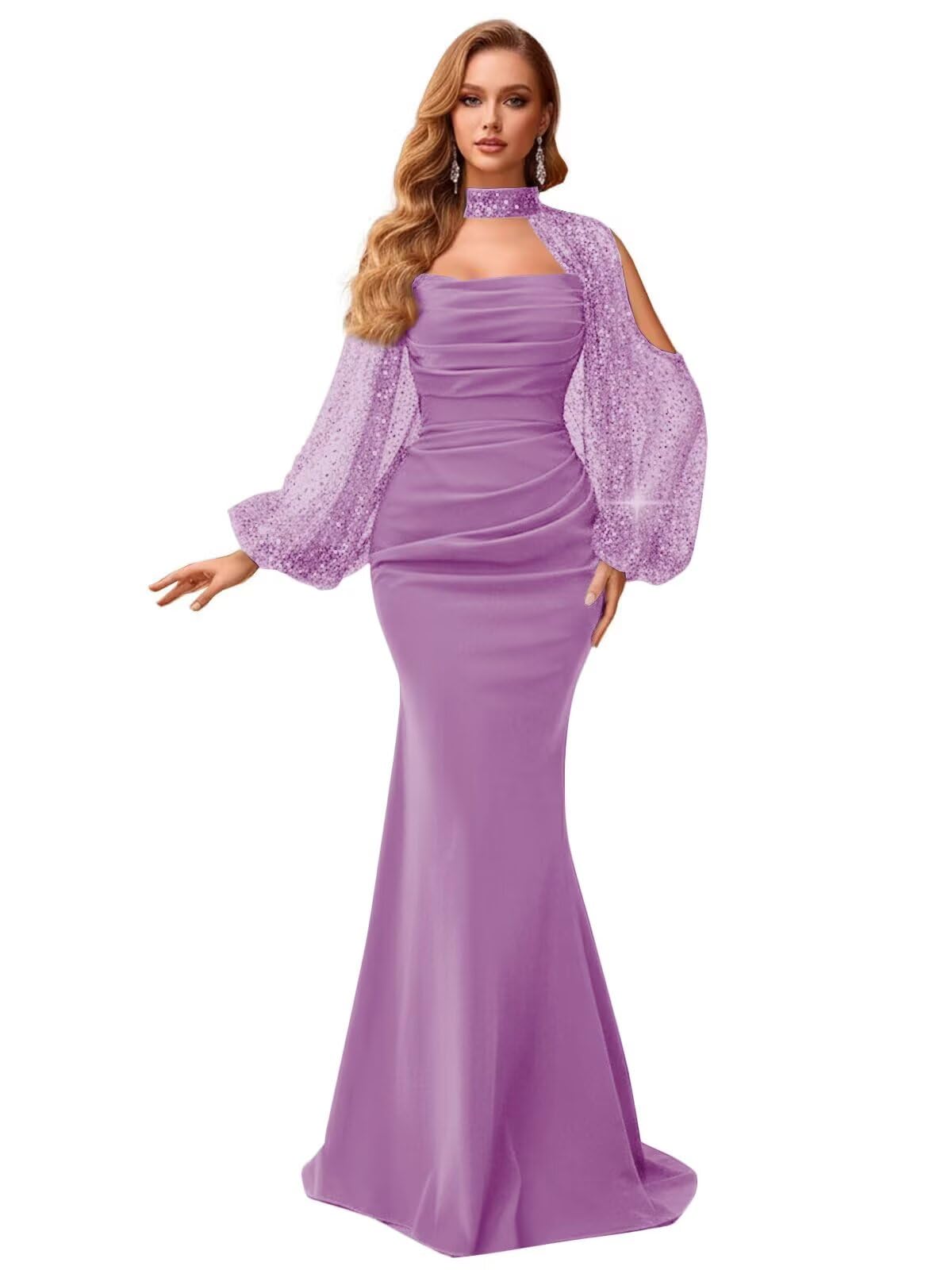 Kingbridal Gowns Long Sleeve Prom Dresses 2026 Mermaid Satin Formal Dress for Women Sparkly Sequin Halter Neck Evening Party Gowns