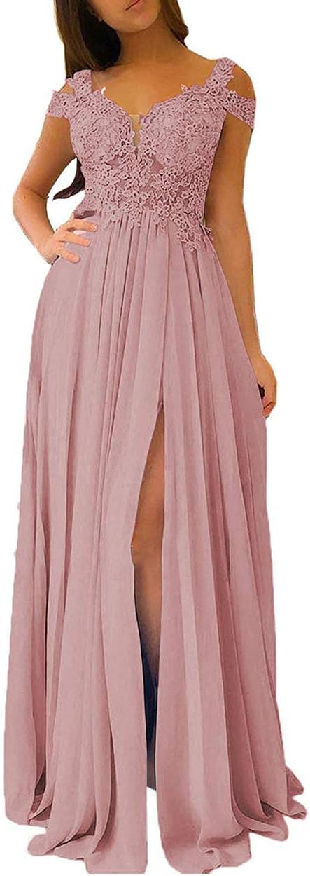 Women's Lace Appliques Prom Dresses Long with Slit Cold Shoulder Formal Party Gown