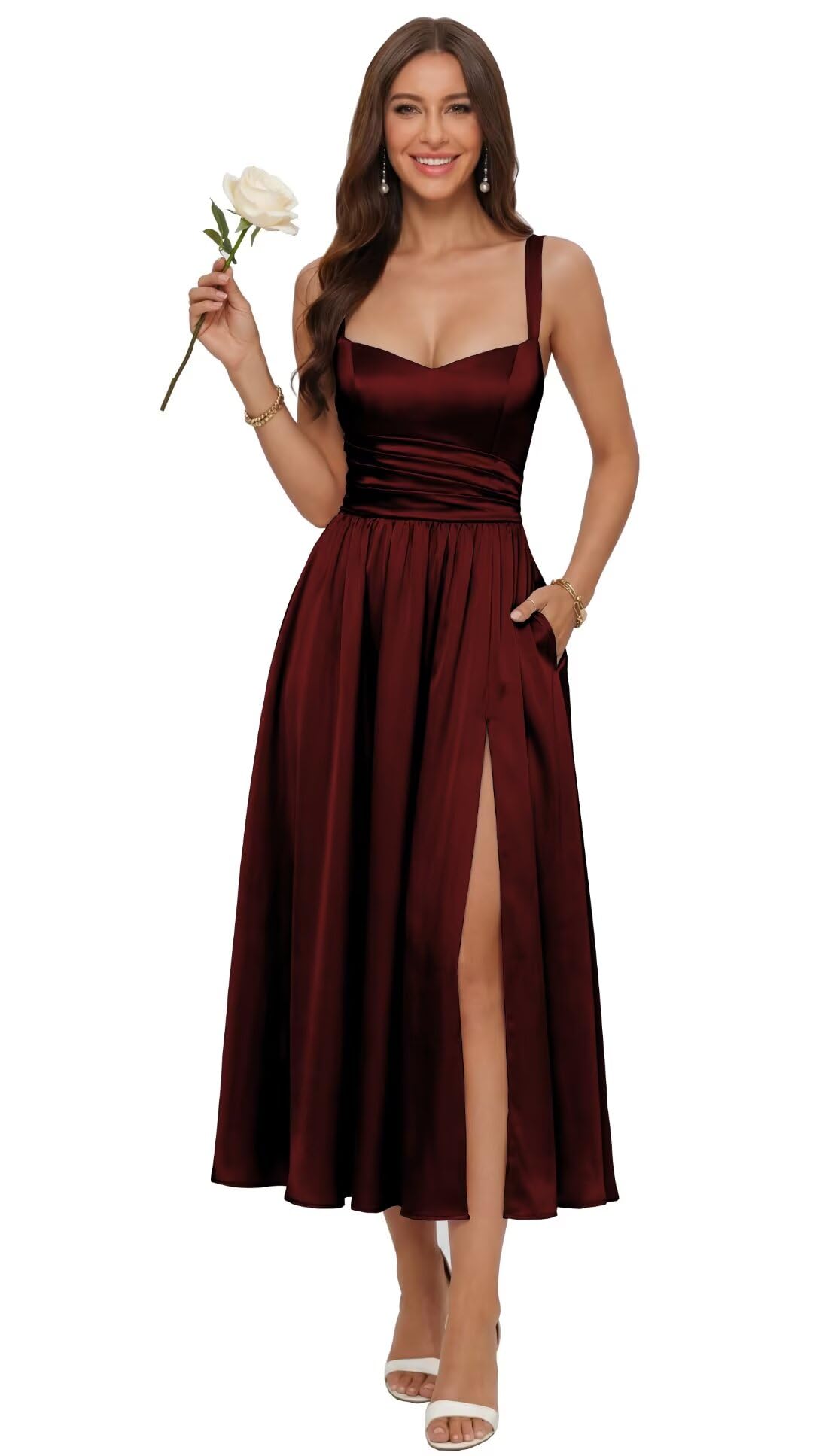 Jacquard Satin Bridesmaid Dresses for Women Spaghetti Straps A Line Tea Length Formal Dress