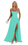 Ruffle Chiffon Bridesmaid Dress Long Square Neck Pleated Formal Gowns with Slit for Women Plus Size Spaghetti Straps Ruffles