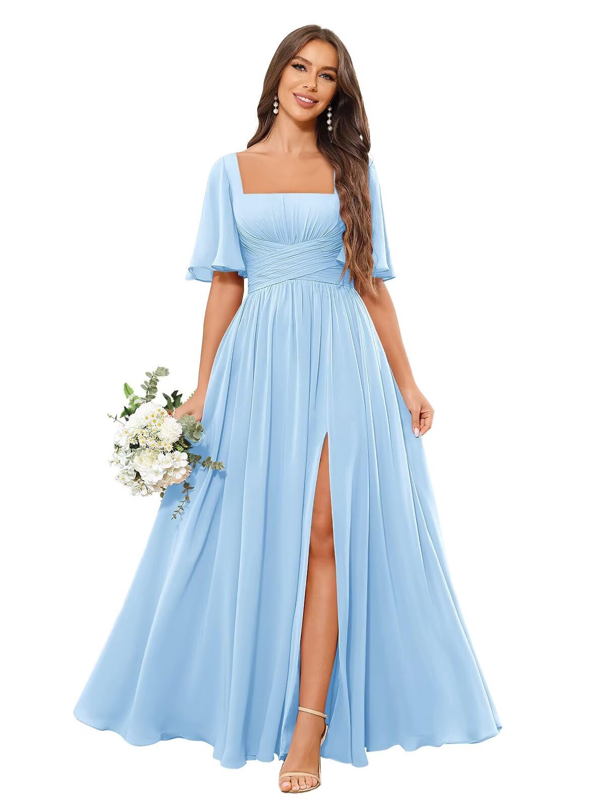 Square Neck Bridesmaid Dresses with Slit Pockets Flutter Sleeve Long Chiffon Formal Wedding Guest Dress