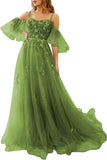 Vestidos de fiesta de tul con hombros descubiertos para adolescentes, vestidos formales con apliques de encaje, vestido de fiesta de noche formal de línea A