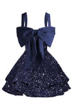 Sparkly Tiered Sequin Flower Girl Dress Spaghetti Straps Short Birthday Pageant Formal Mini Dresses