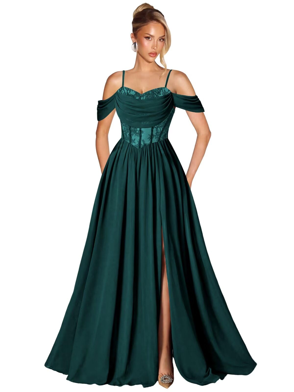 Off Shoulder Lace Applique Prom Dress with Slit A Line Ball Gown Pleated Corset Long Formal Evening Dresses