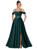 Off Shoulder Lace Applique Prom Dress with Slit A Line Ball Gown Pleated Corset Long Formal Evening Dresses
