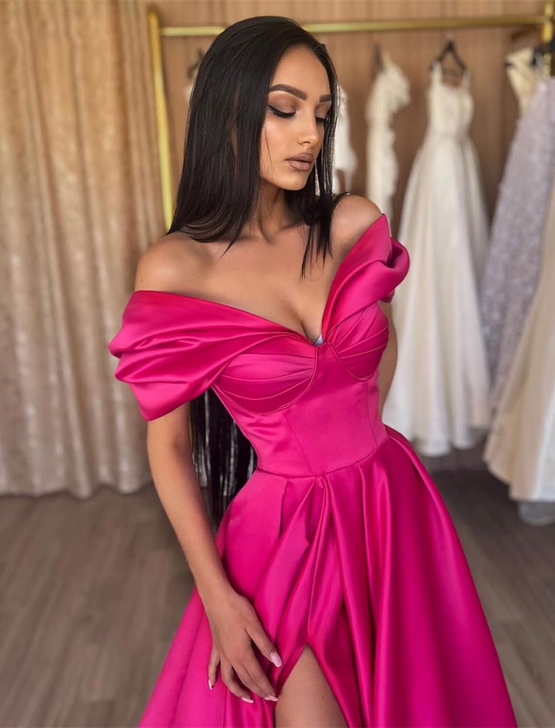 Women’s Off The Shoulder Prom Dresses with Slit Satin Ruched Long Formal Evening Gowns