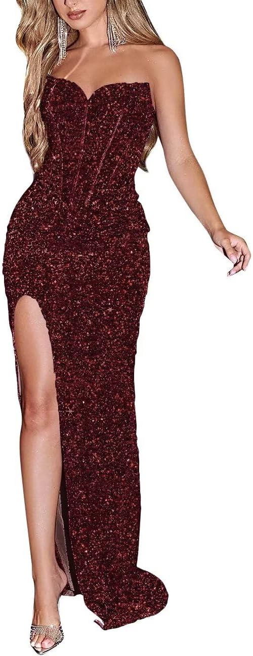 Sparkly Sequin Prom Dresses for Women 2025 Long Mermaid Strapless Glitter Formal Evening Prom Ball Gown with Slit