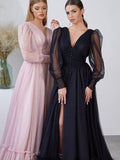 Puffy Sleeve Tulle Prom Dresses Long Ball Gown with Slit for Women 2027 V Neck Long Formal Evening Gowns
