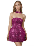 Strapless Sequin Homecoming Dresses for Teens Short Prom Dress Sparkly A-Line Cocktail Party Gowns with Pockets