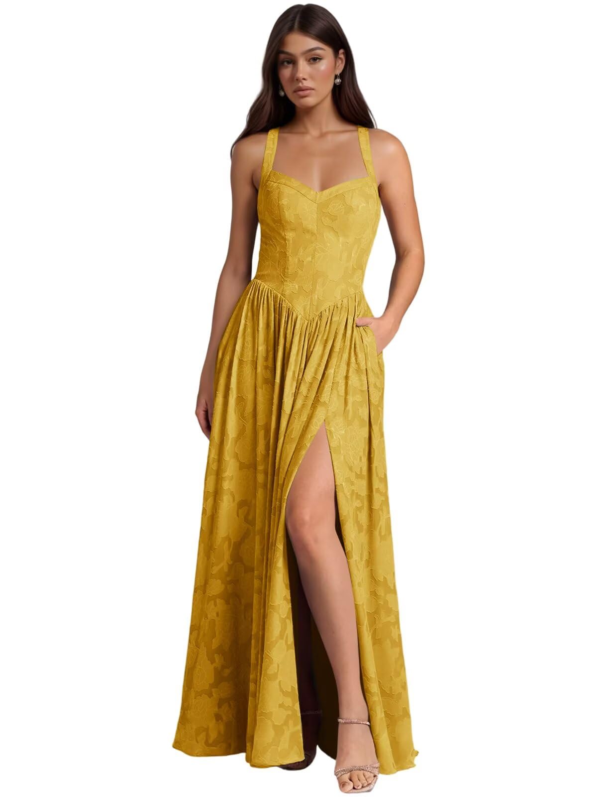 Jacquard Floral Lace Wedding Guest Dress Long Slit A Line Bridesmaid Dresses with Pockets Formal Gown