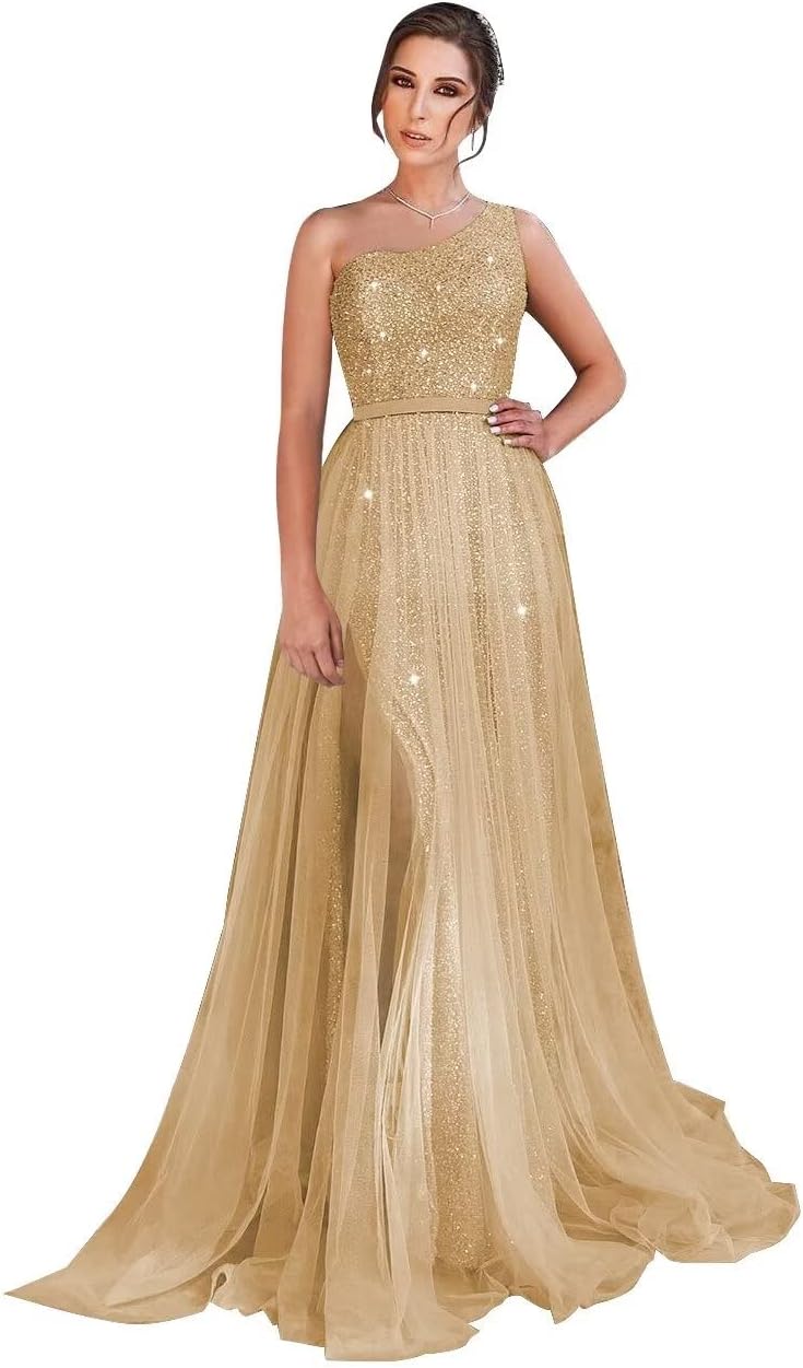 One-Shoulder-Ballkleid mit Pailletten, formelle Kleider für Damen, funkelnde Abendkleider, Tüll-Ballkleid 