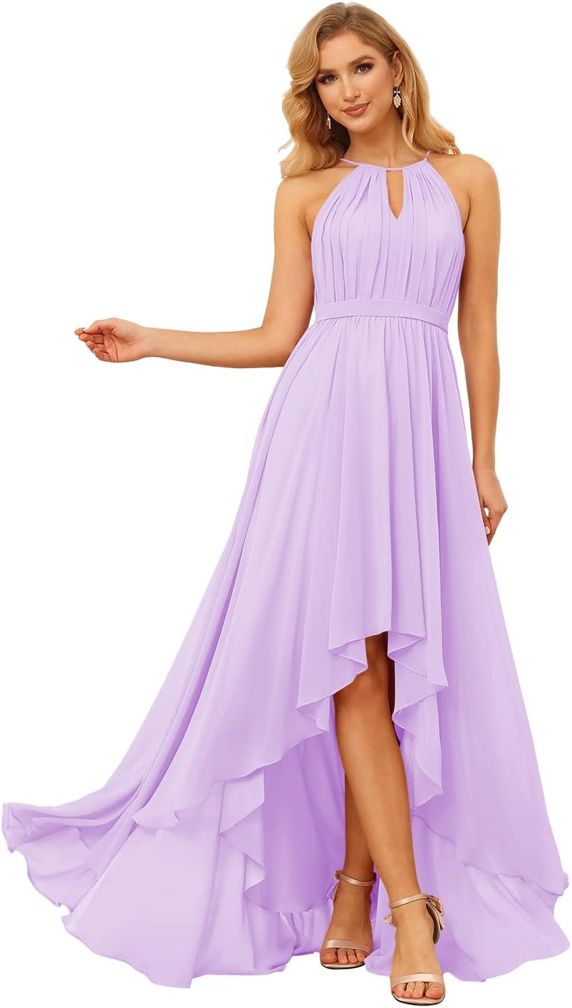 Damen Neckholder Brautjungfernkleider Lang mit Taschen High-Low Falten Formelles Kleid für Hochzeit 