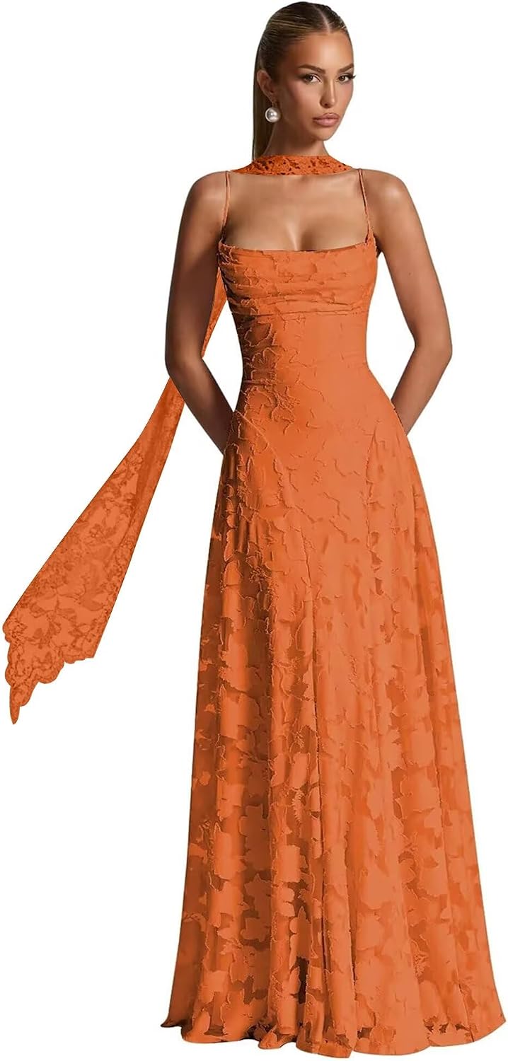 Floral Lace Bridesmaid Dresses for Women Long Spaghetti Straps Formal Evening Gowns with Scarf