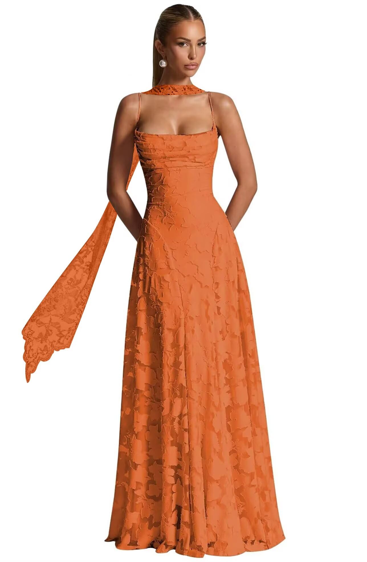 Floral Lace Bridesmaid Dresses for Women Long Spaghetti Straps Formal Evening Gowns with Scarf