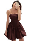 Satin Flower Bud Homecoming Dress Short Prom Dress Cowl Neck Pleated A Line Mini Cocktail Party Gown