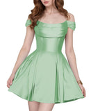 Satin Homecoming Dresses Short Wedding Dresses 2026 Off Shoulder Prom Dress with Pockets A Line Formal Party Gown
