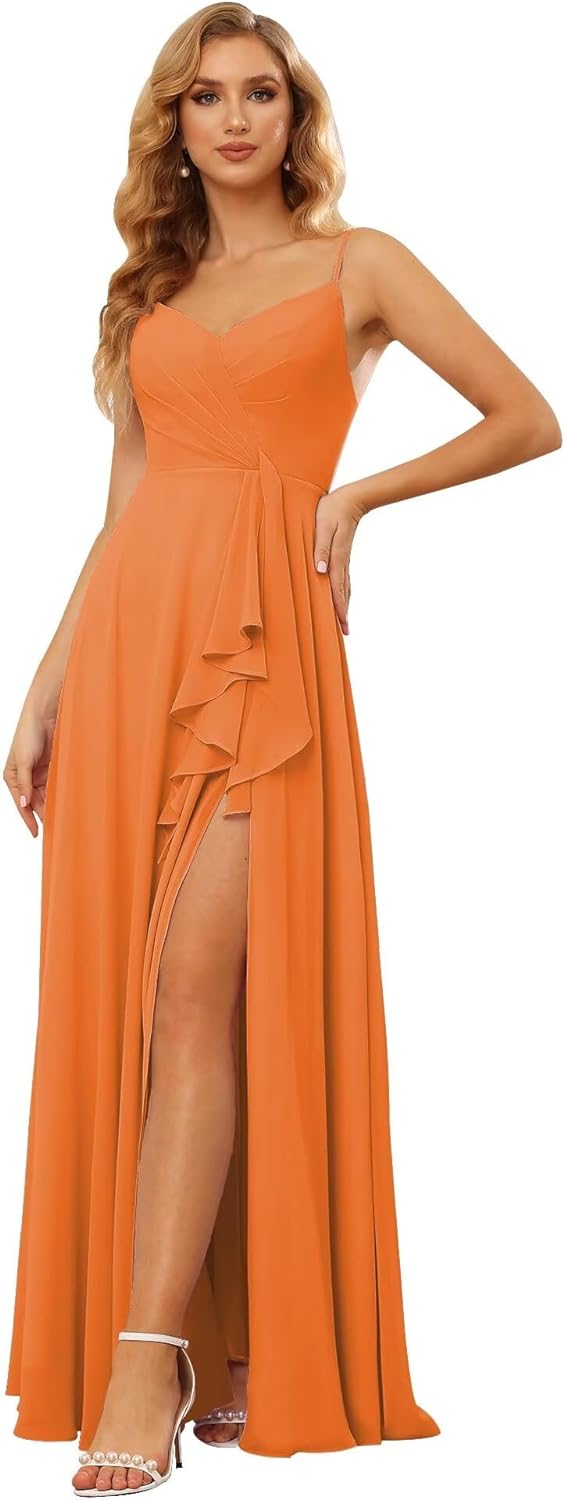 Vestidos de dama de honor largos de gasa con tirantes finos y bolsillos, vestidos formales con volantes y abertura para mujer 