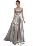 Women's Satin Prom Dresses with Slit Strapless A Line Corset Ball Gowns Spaghetti Straps Formal Evening Gowns with Pockets