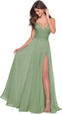Women's Lace Appliqued Chiffon Prom Dresses Long with Slit Spaghetti Straps V Neck Formal Party Gowns