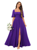 Square Neck Bridesmaid Dresses with Slit Pockets Flutter Sleeve Long Chiffon Formal Wedding Guest Dress