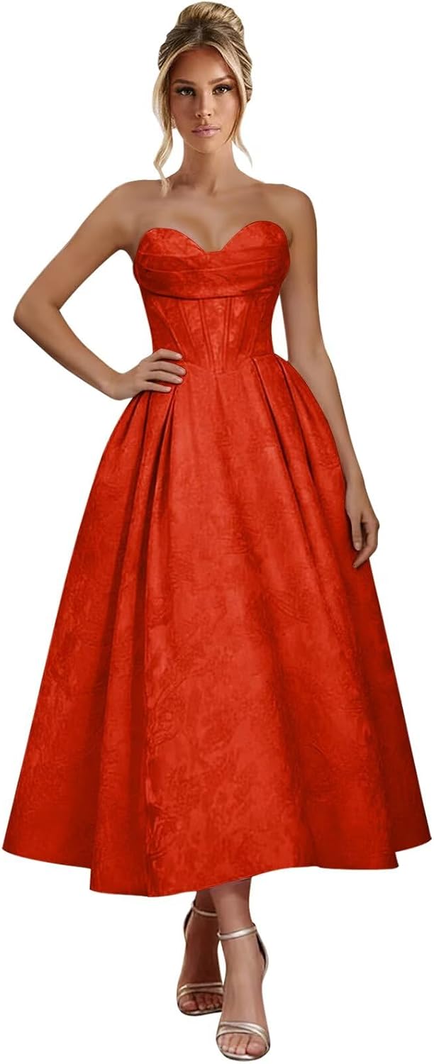 Jacquard Satin Prom Dresses for Women Strapless Tea Length Sweetheart Neck A-line Formal Party Dress with Pockets