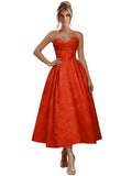 Jacquard Satin Prom Dresses for Women Strapless Tea Length Sweetheart Neck A-line Formal Party Dress with Pockets