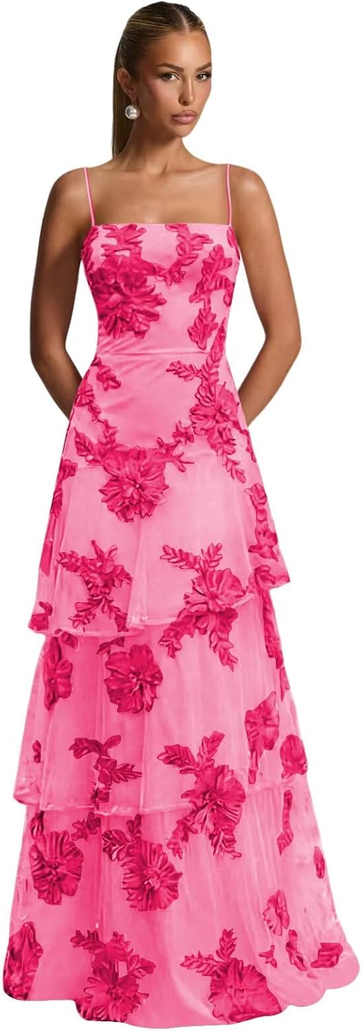 Ruffle Floral Embroidery Prom Dress Long A Line Tiered Bridesmaid Dresses Formal Evening Gowns