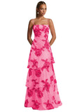 Ruffle Floral Embroidery Prom Dress Long A Line Tiered Bridesmaid Dresses Formal Evening Gowns