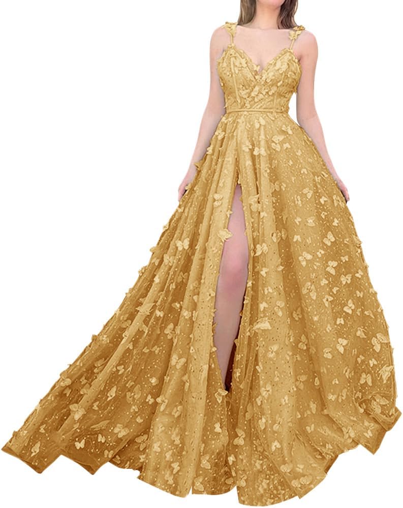 Sparkly Prom Dresses for Teens 2027 3D Butterfly Tulle Spaghetti Straps Long Slit Backless Party Gowns