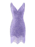 Kingbridal Gowns V Neck Sequin Homecoming Dresses for Teens 2027 Sparkly Tight Short Prom Cocktail Party Gowns with Tassels