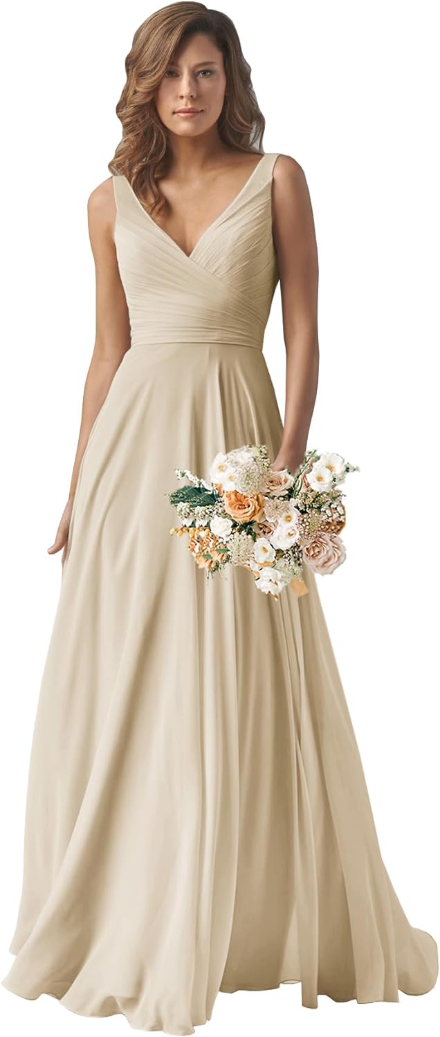 Chiffon Bridesmaid Dresses Long for Women A Line Ruched Formal Porm Evening Gowns