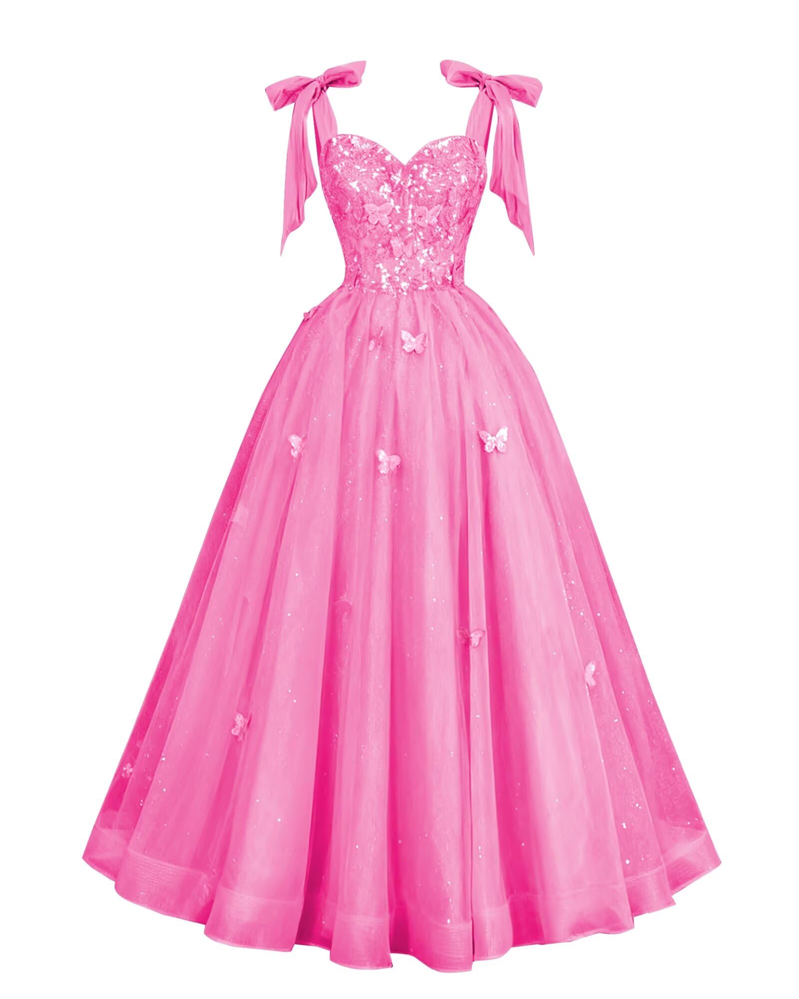 Glitter Tulle Prom Dress for Teens 3D Butterfly Long Ball Gowns Sequin Princess Quinceanera Dresses with Bow