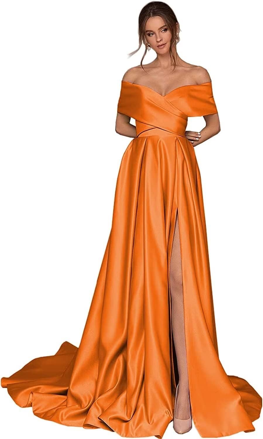 Women's Off Shoulder Long Prom Dresses with Slit 2025 Satin A-Line Sweetheart Corset Formal Evening Dresses with Pockets